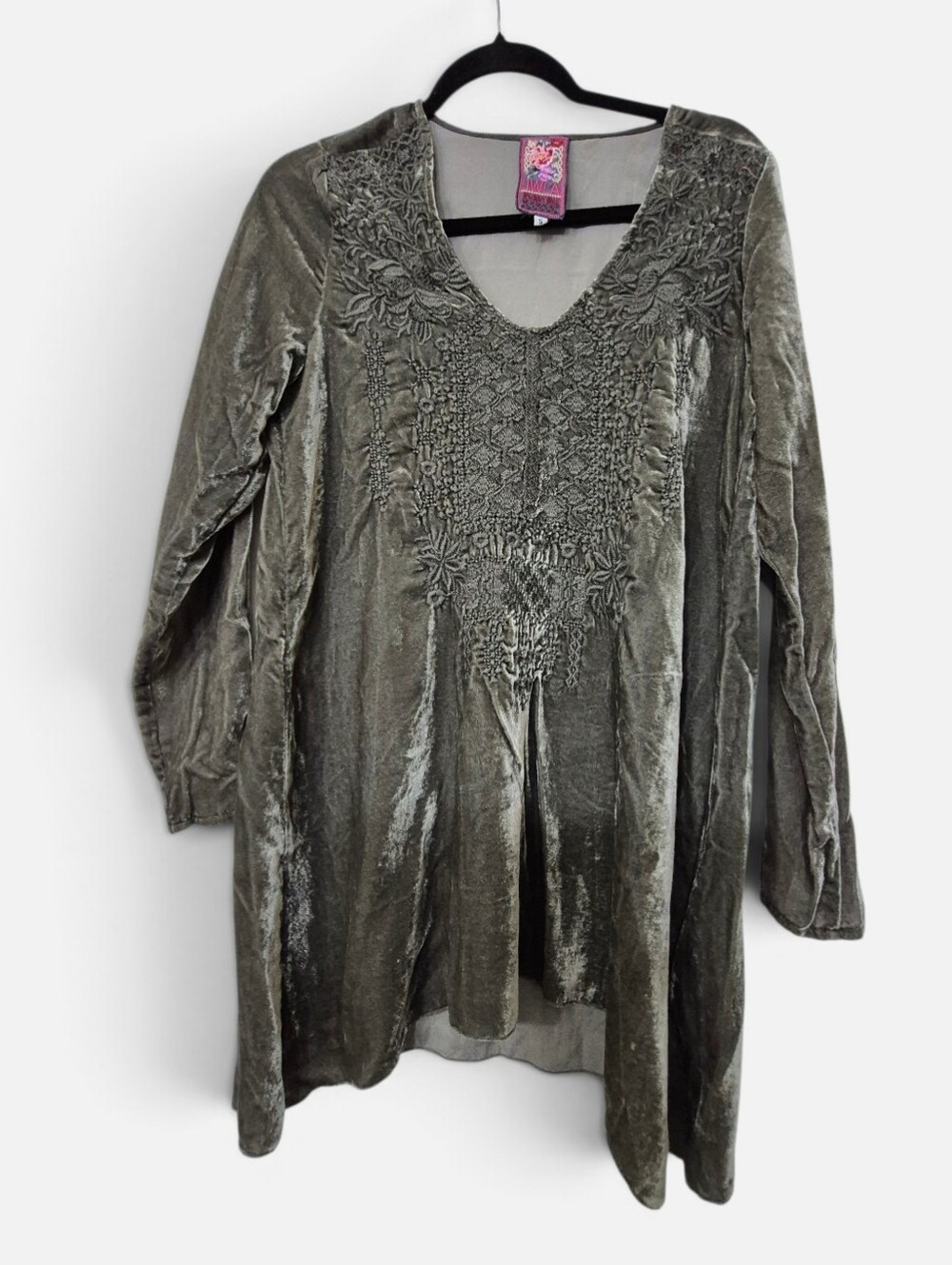 Johnny Was Olive Green Velvet Embroidered Tunic Top Small